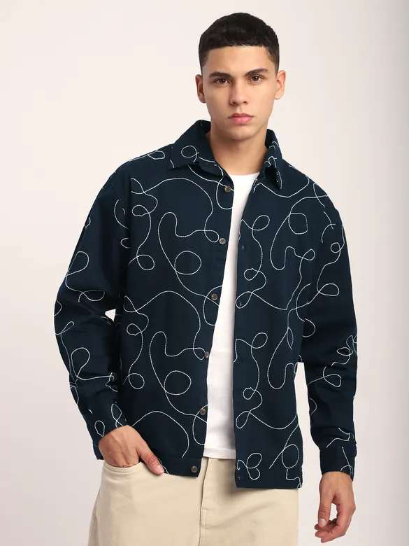 Navy Blue Abstract Embroidered Shacket
