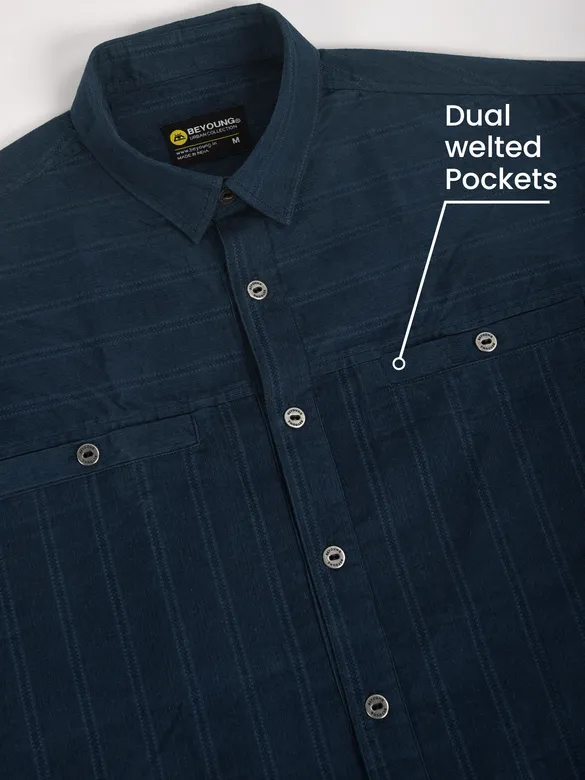 Navy Blue Cord Dobby Shirt For Men