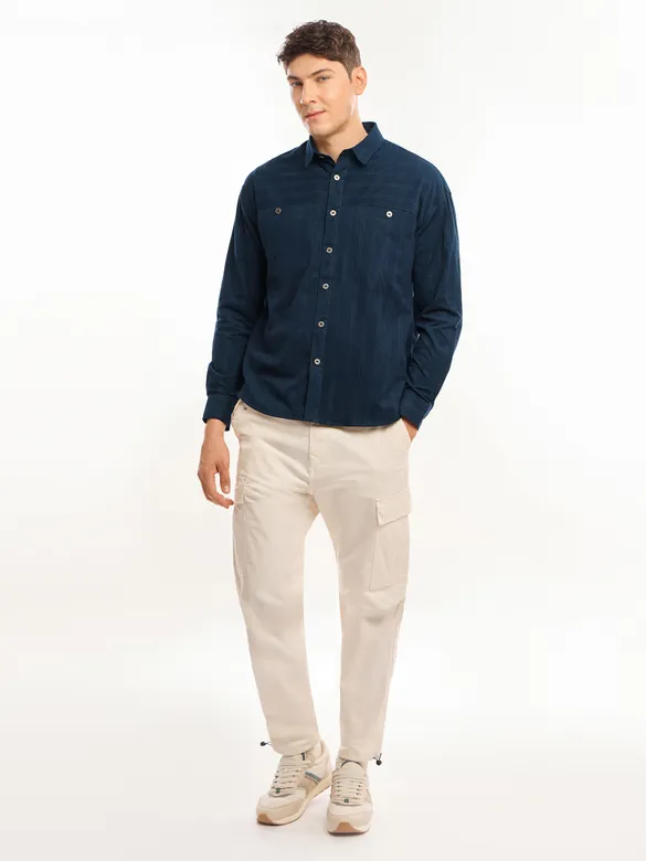 Navy Blue Cord Dobby Shirt For Men