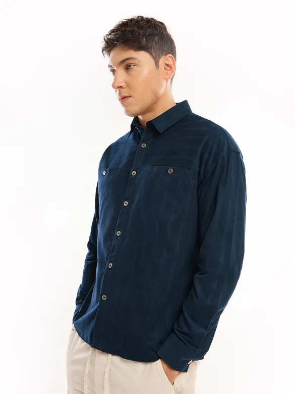 Navy Blue Cord Dobby Shirt For Men