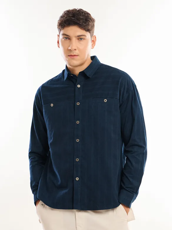 Navy Blue Cord Dobby Shirt For Men