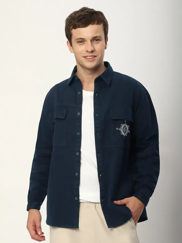 Navy Blue Embroidered Pocket Shirt