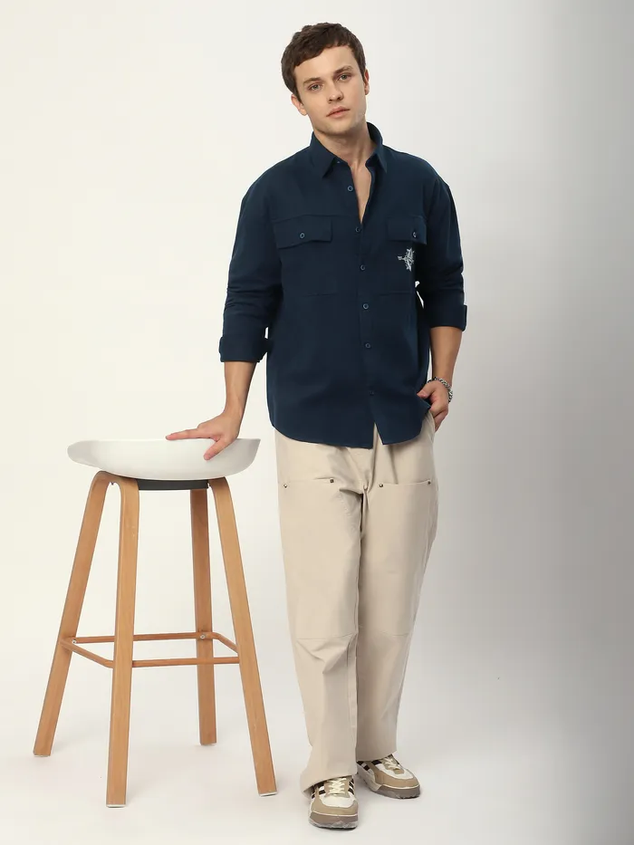 Navy Blue Embroidered Pocket Shirt