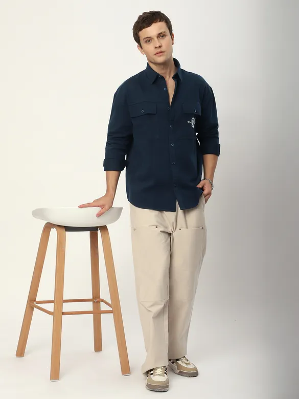 Navy Blue Embroidered Pocket Shirt
