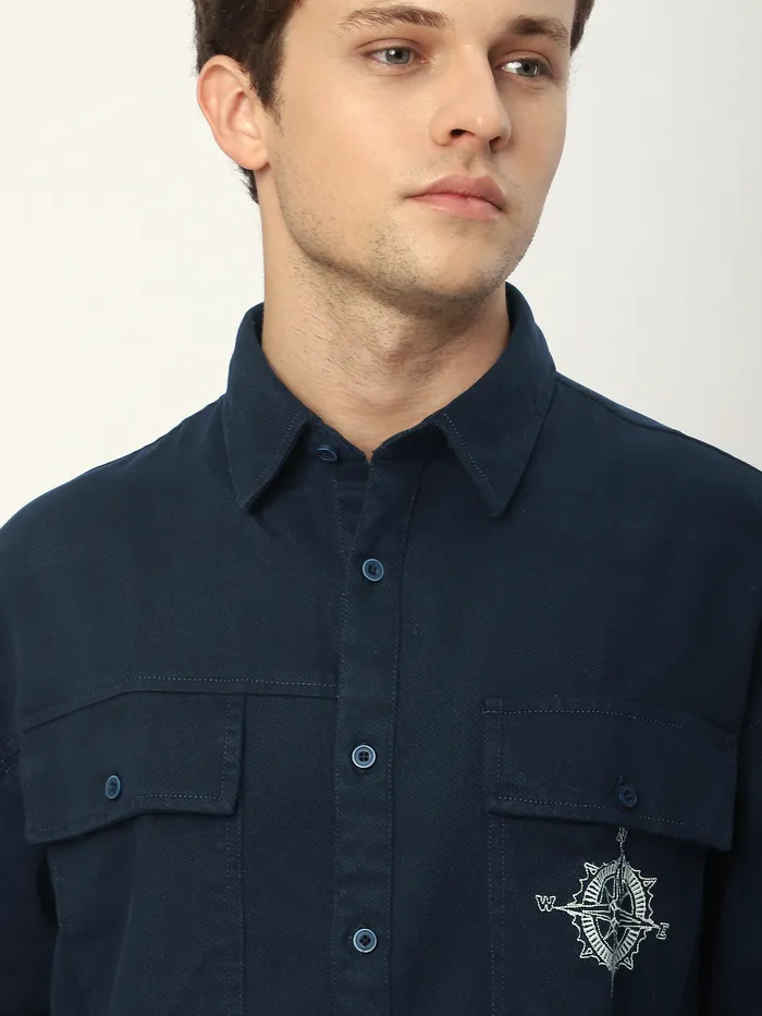 Navy Blue Embroidered Pocket Shirt