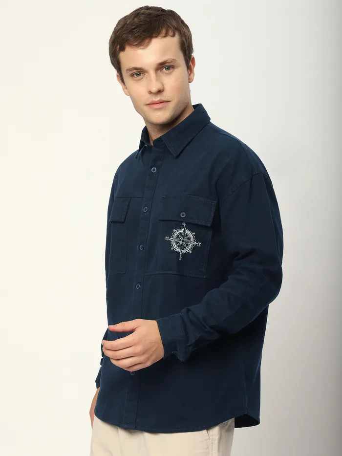 Navy Blue Embroidered Pocket Shirt
