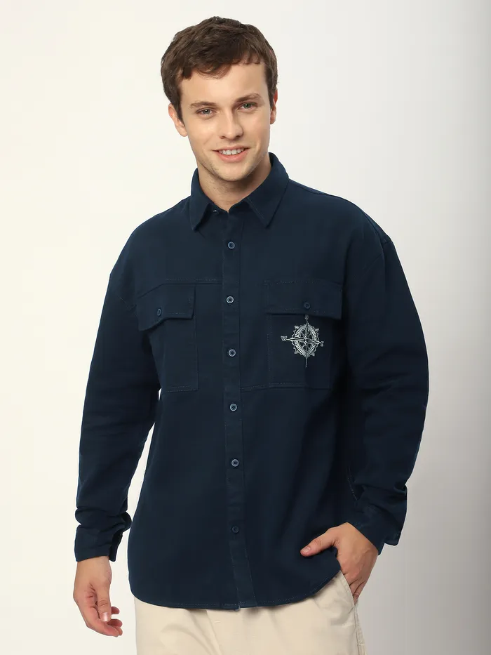 Navy Blue Embroidered Pocket Shirt