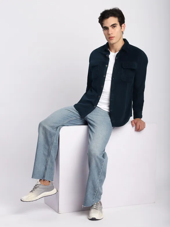 Navy Blue Flap Pocket Corduroy Shirt