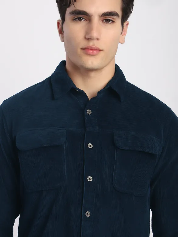 Navy Blue Flap Pocket Corduroy Shirt