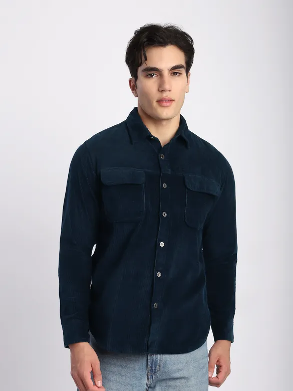 Navy Blue Flap Pocket Corduroy Shirt