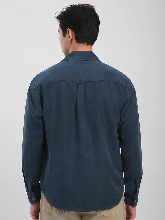 Navy Blue Front Yoke Suede Shirt