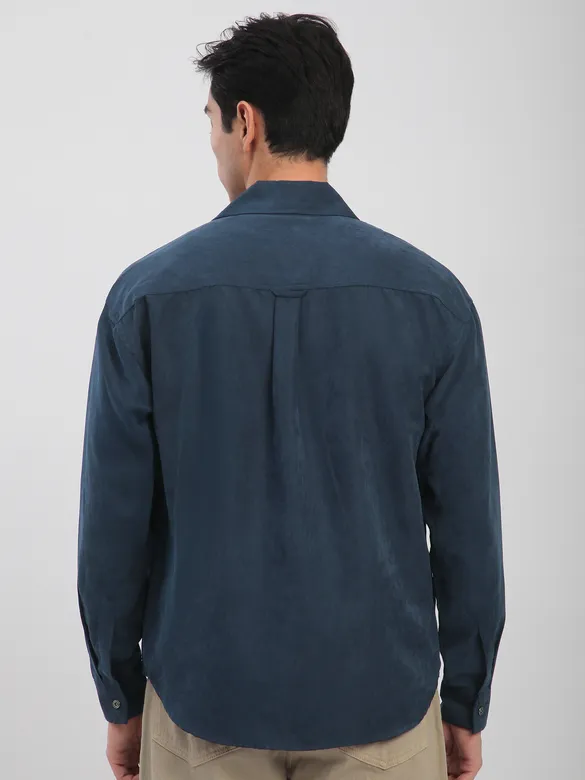 Navy Blue Front Yoke Suede Shirt