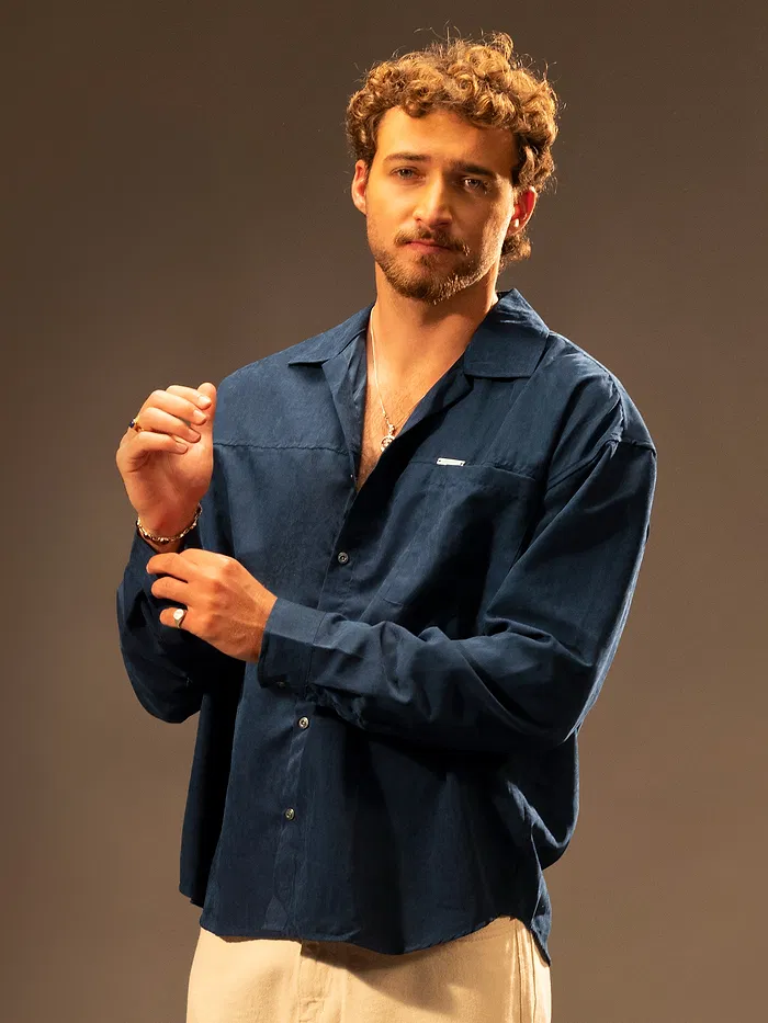 Navy Blue Front Yoke Suede Shirt
