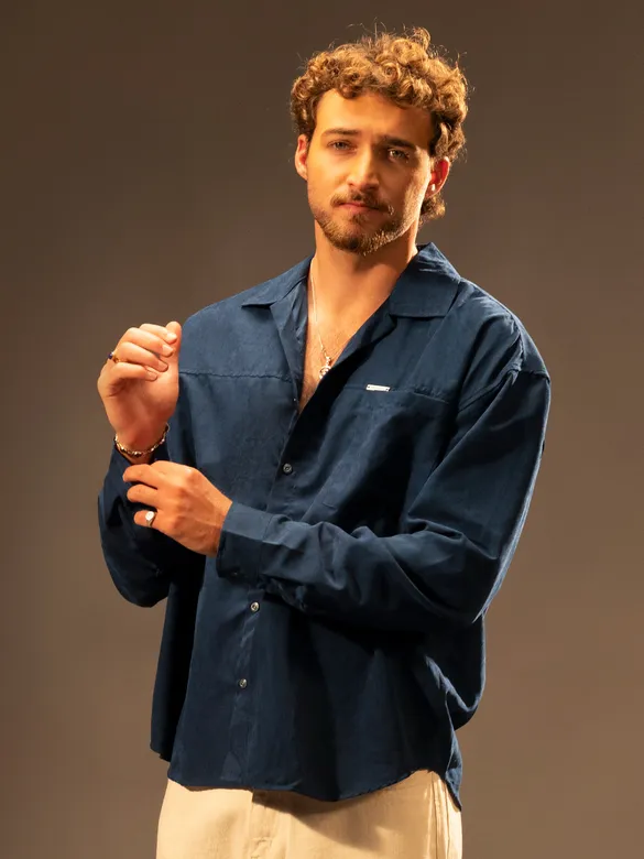 Navy Blue Front Yoke Suede Shirt