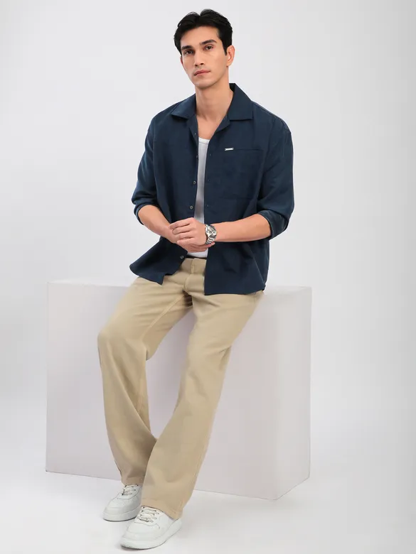Navy Blue Front Yoke Suede Shirt