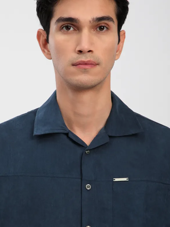 Navy Blue Front Yoke Suede Shirt