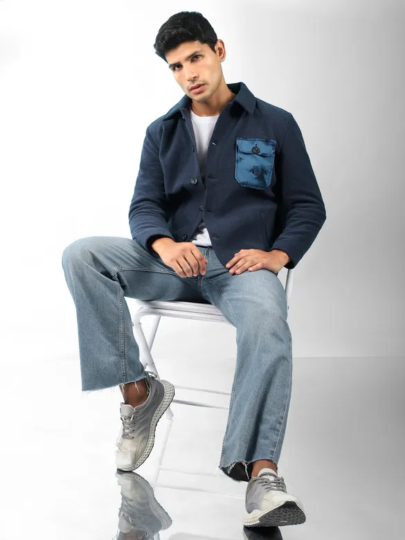 Navy Blue Patch Pocket Fleece Jacket