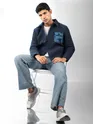 Navy Blue Patch Pocket Fleece Jacket