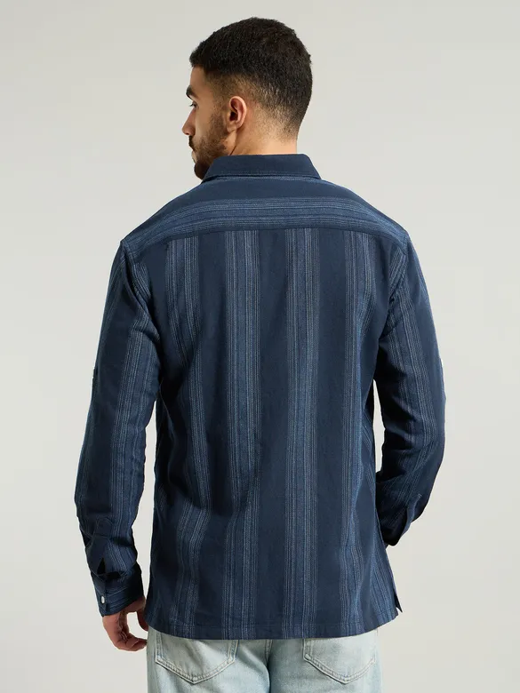 Navy Blue Striped Waffle Texture Shirt