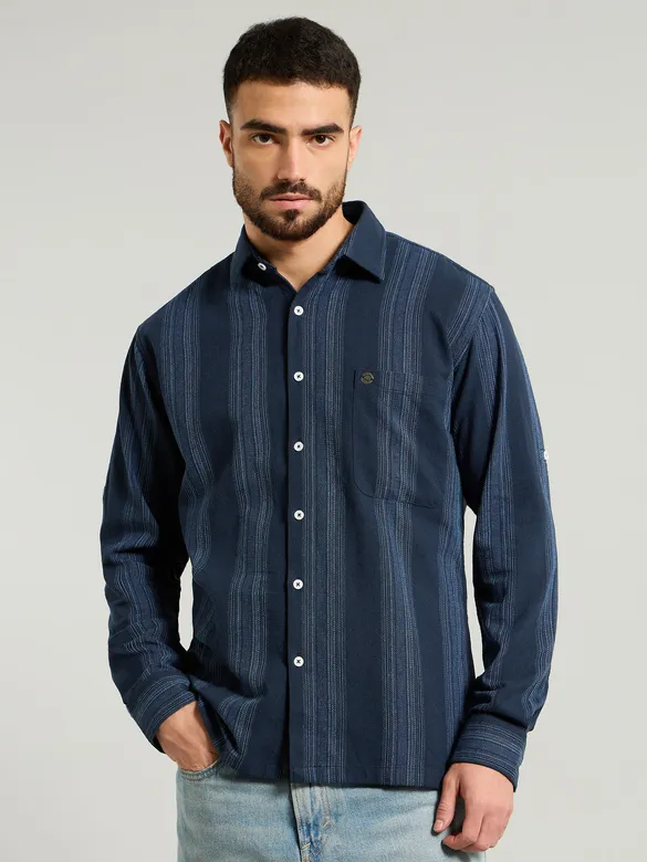 Navy Blue Striped Waffle Texture Shirt