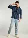 Navy Blue Striped Waffle Texture Shirt