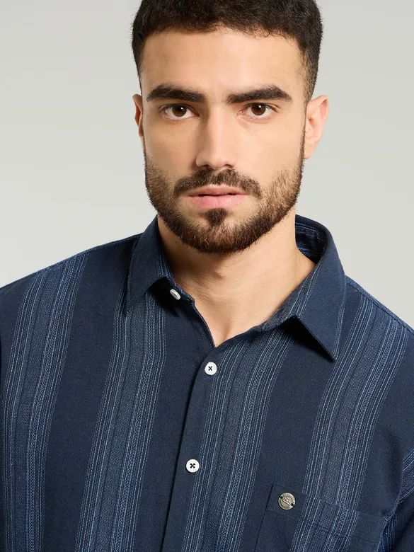 Navy Blue Striped Waffle Texture Shirt