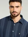 Navy Blue Striped Waffle Texture Shirt