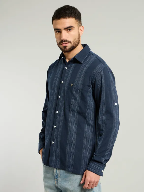 Navy Blue Striped Waffle Texture Shirt