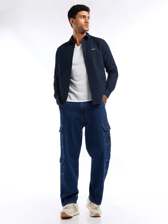 Navy Blue Waffle Textured Shirt