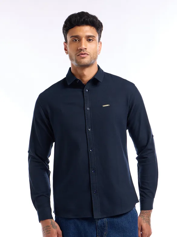 Navy Blue Waffle Textured Shirt