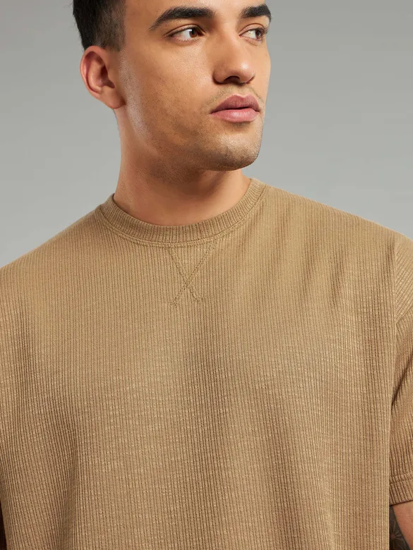 Sand Brown Ribbed Texture Oversized T-Shirt