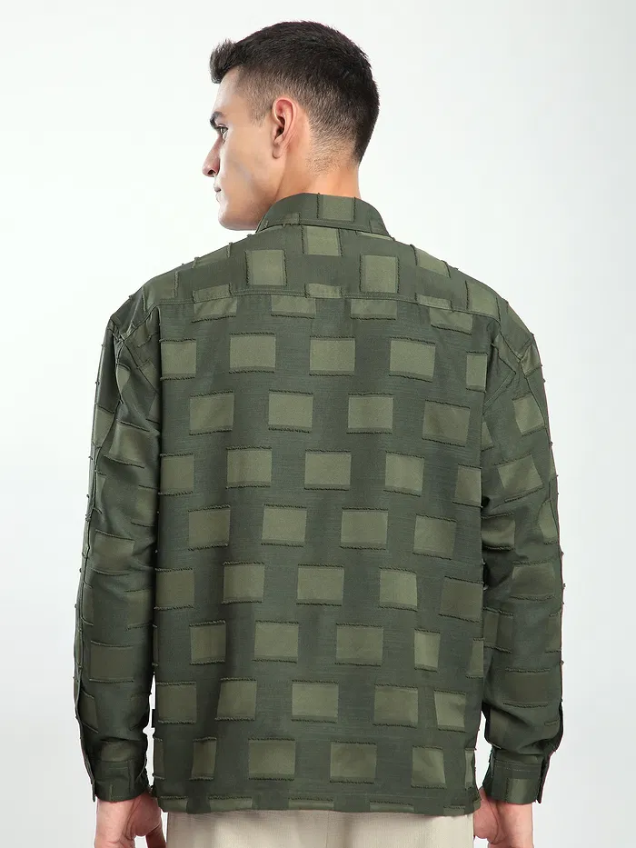 Olive Fur Geometric Textured Shirt