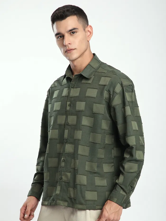 Olive Fur Geometric Textured Shirt