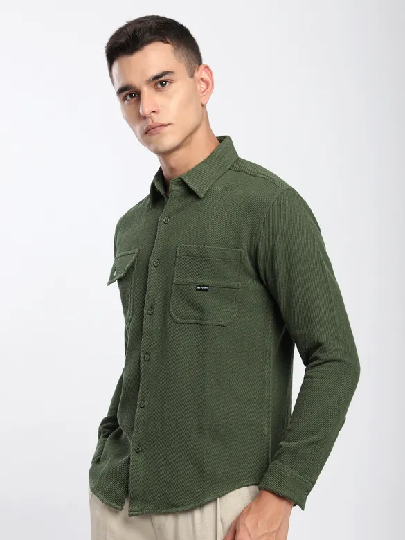 Olive Green Diagonal Striped Shirt
