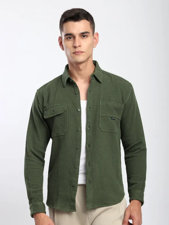 Olive Green Diagonal Striped Shirt