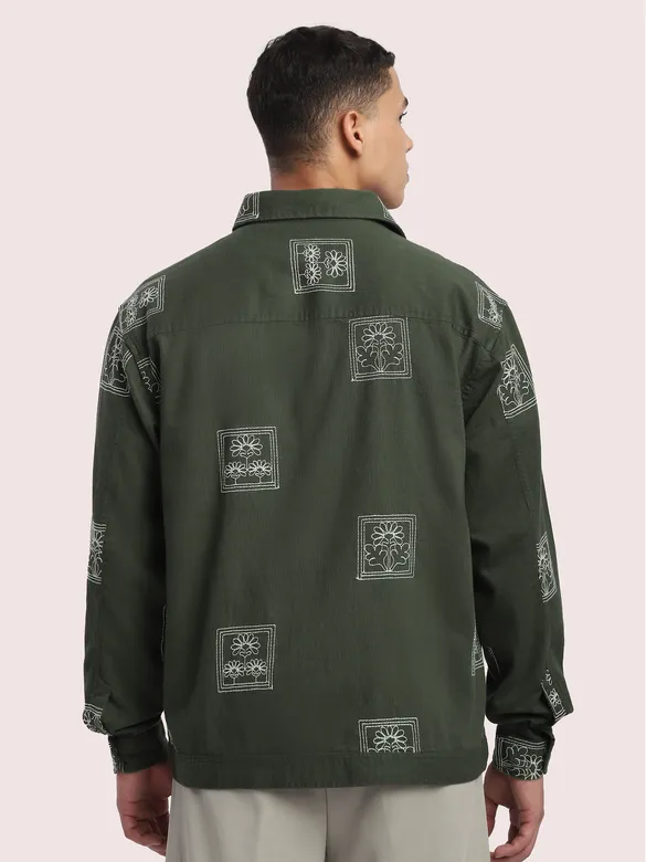 Olive Green Geometric Floral Shacket