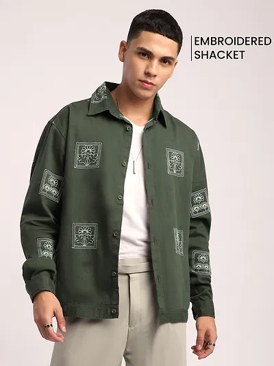Olive Green embroidered shirt jacket for men over a white shirt, 