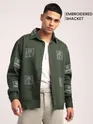 Olive Green embroidered shirt jacket for men over a white shirt, 
