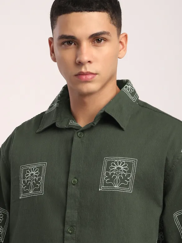 Olive Green Geometric Floral Shacket