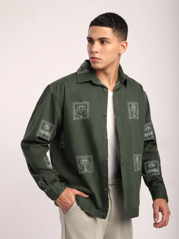 Olive Green Geometric Floral Shacket
