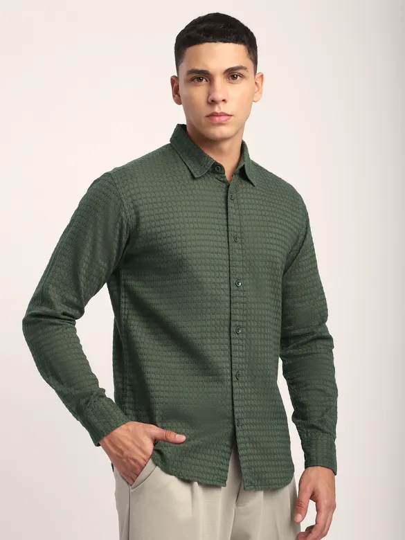 Olive Green Jacquard Round Textured Shirt