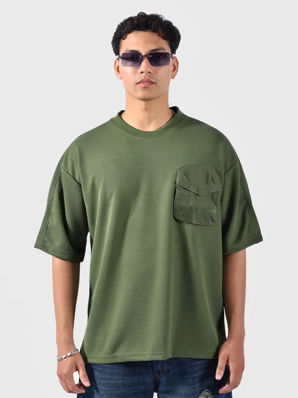 Olive Puff Patch Pocket Oversized T-Shirt