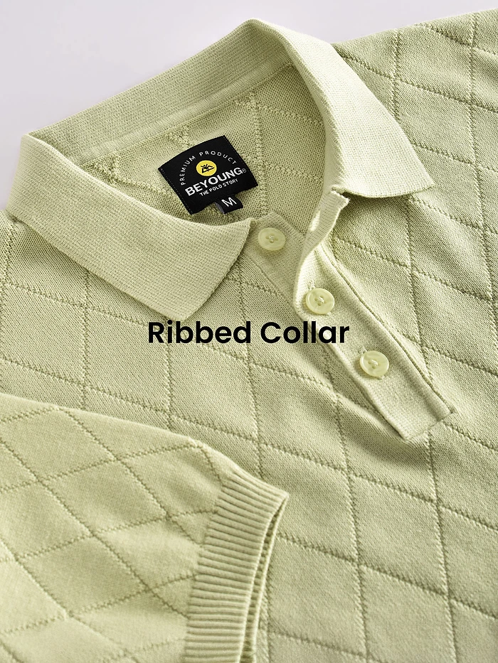 Pale Green Diamond Textured Flat Knit Polo T-Shirt