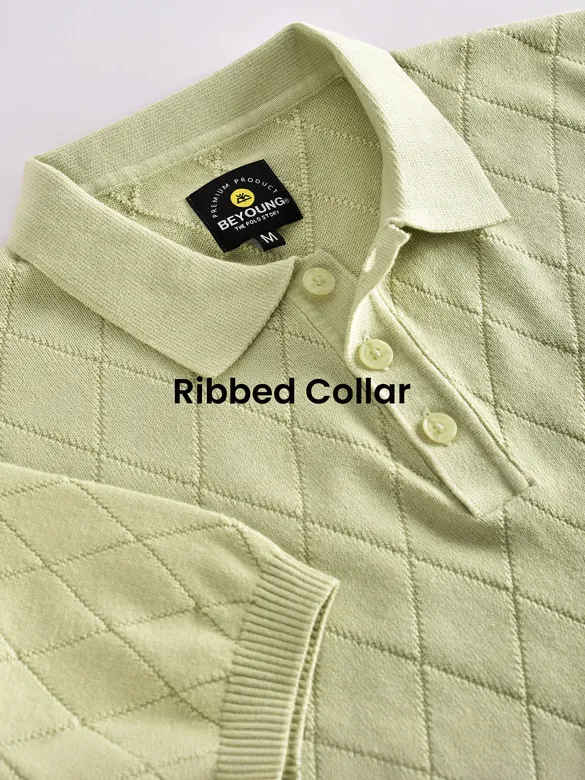 Pale Green Diamond Textured Flat Knit Polo T-Shirt