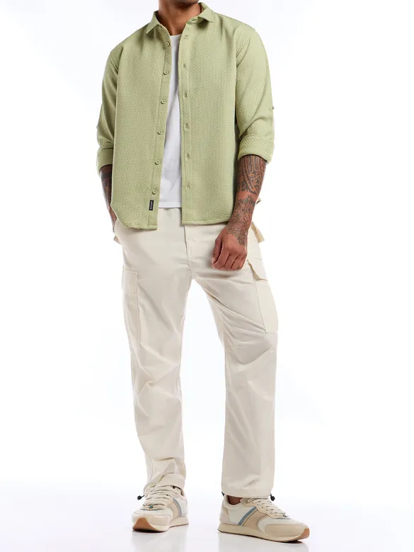 Pale Green Full Sleeve Waffle Shirt For Men