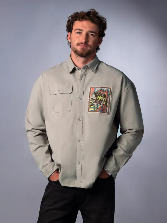 Pale Grey Embroidered  Applique Patch Shirt
