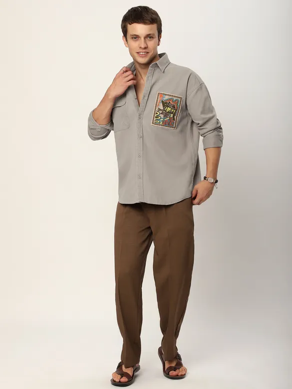 Pale Grey Embroidered  Applique Patch Shirt