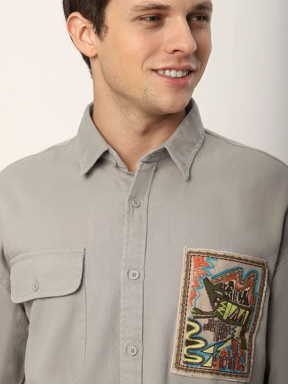 Pale Grey Embroidered  Applique Patch Shirt