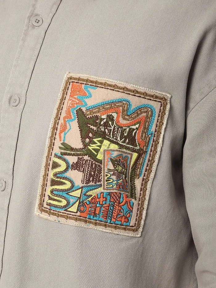 Pale Grey Embroidered  Applique Patch Shirt