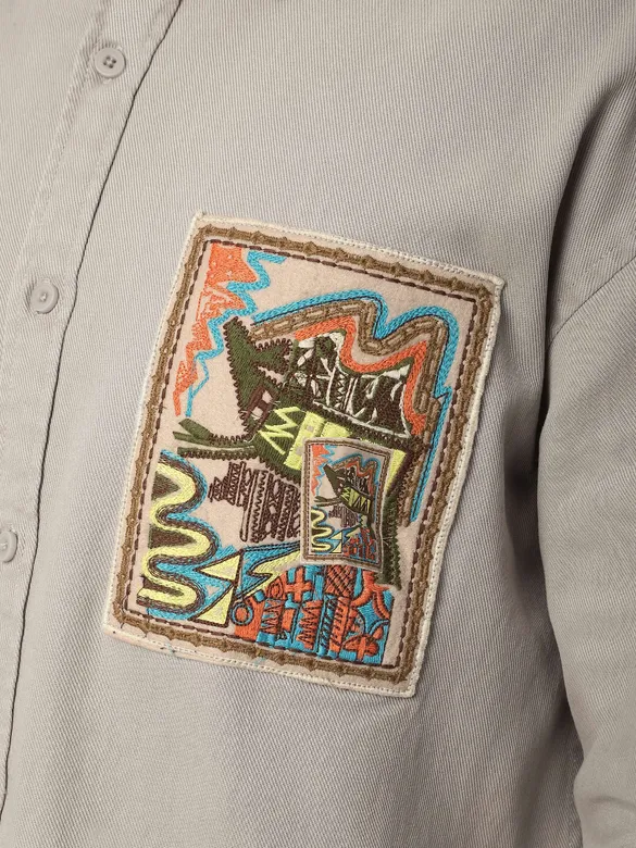 Pale Grey Embroidered  Applique Patch Shirt